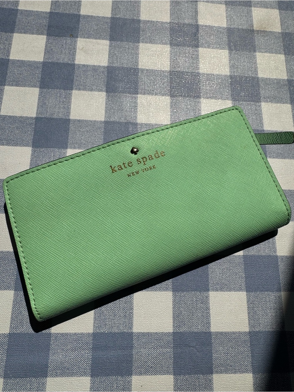kate spade mint green zip-around wallet with gold logo